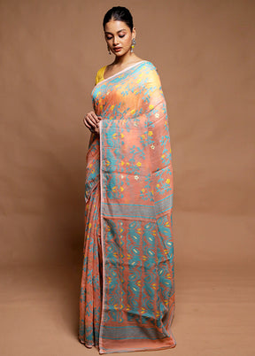 Peach Tant Jamdani Saree Without Blouse Piece