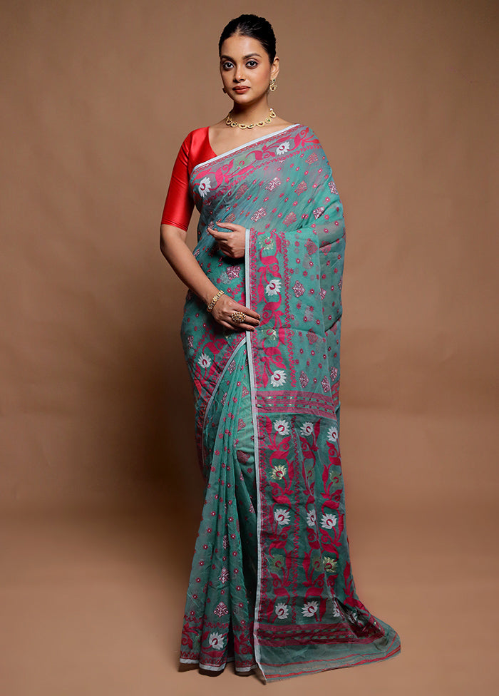 Green Tant Jamdani Saree Without Blouse Piece