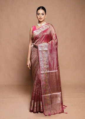 Pink Crushed Tissue Silk Saree With Blouse Piece