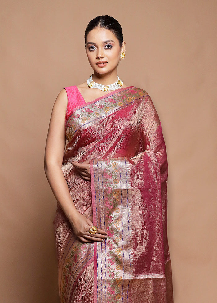 Pink Crushed Tissue Silk Saree With Blouse Piece