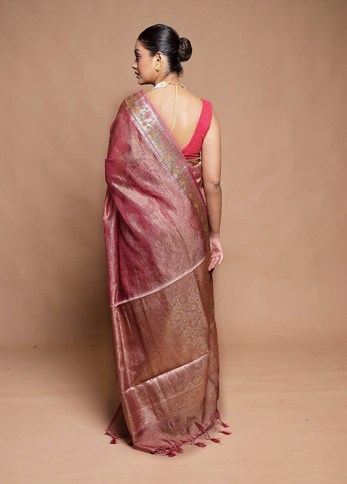 Pink Crushed Tissue Silk Saree With Blouse Piece