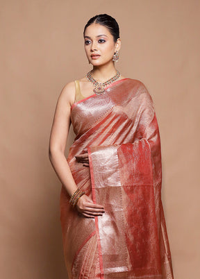 Pink Crushed Tissue Silk Saree With Blouse Piece