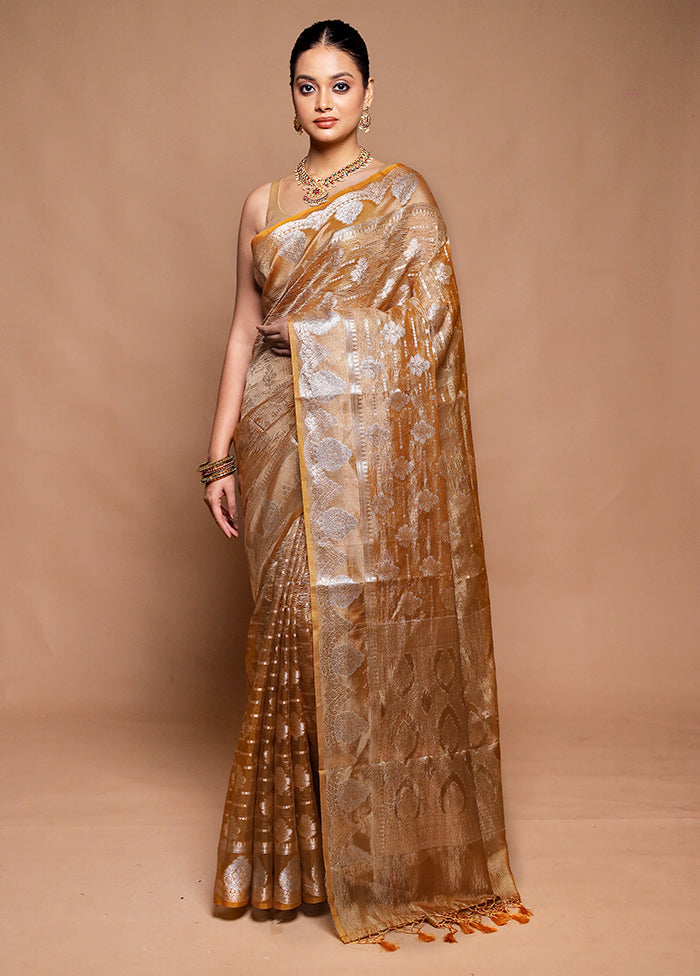 Golden Crushed Tissue Silk Saree With Blouse Piece