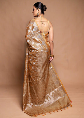 Golden Crushed Tissue Silk Saree With Blouse Piece
