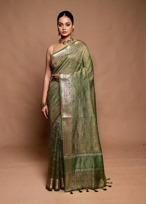 Green Crushed Tissue Silk Saree With Blouse Piece