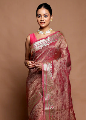 Pink Crushed Tissue Silk Saree With Blouse Piece