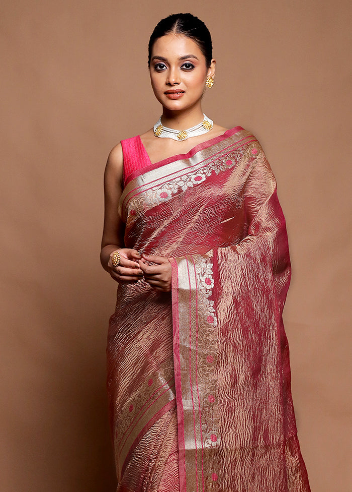 Pink Crushed Tissue Silk Saree With Blouse Piece