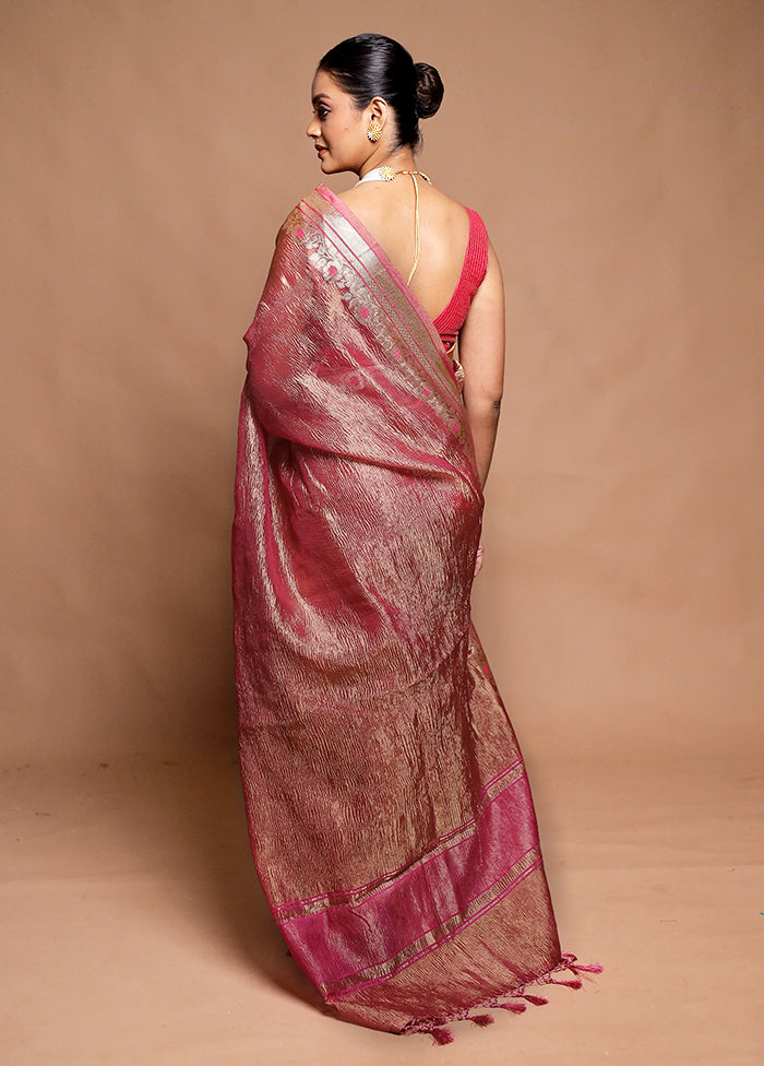Pink Crushed Tissue Silk Saree With Blouse Piece