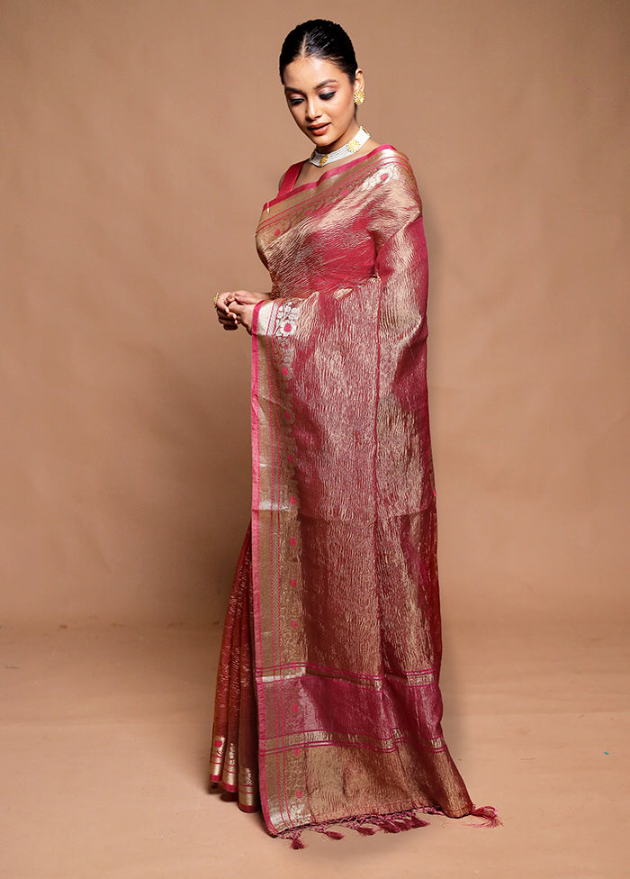 Pink Crushed Tissue Silk Saree With Blouse Piece