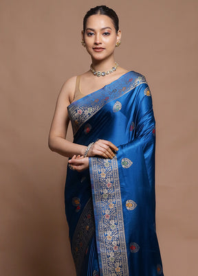 Blue Dupion Silk Saree With Blouse Piece