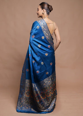 Blue Dupion Silk Saree With Blouse Piece