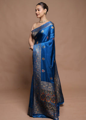 Blue Dupion Silk Saree With Blouse Piece