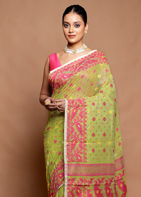 Green Tant Jamdani Saree Without Blouse Piece