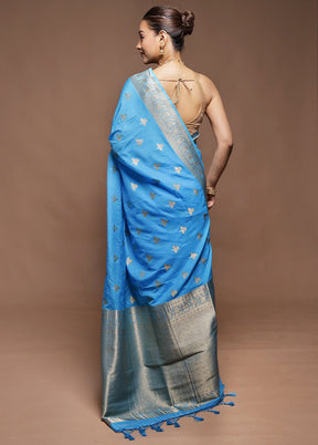 Blue Dupion Silk Saree With Blouse Piece