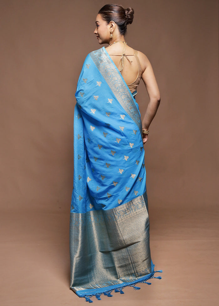 Blue Dupion Silk Saree With Blouse Piece
