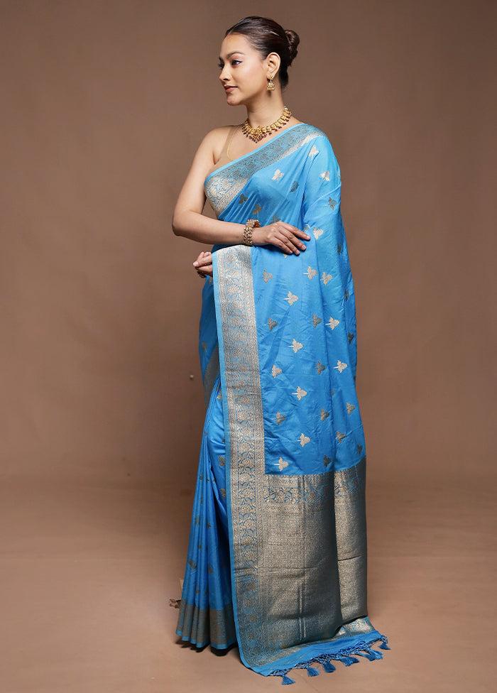 Blue Dupion Silk Saree With Blouse Piece