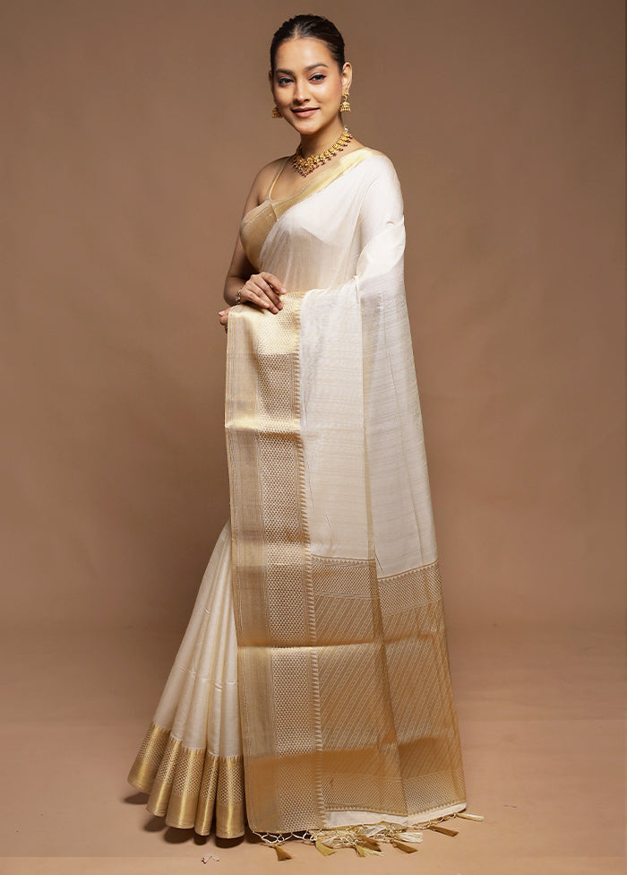 Cream Dupion Silk Saree With Blouse Piece