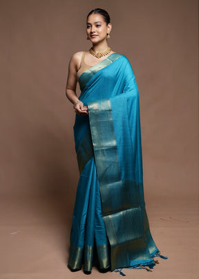Blue Dupion Silk Saree With Blouse Piece