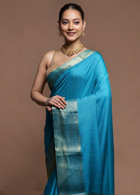 Blue Dupion Silk Saree With Blouse Piece