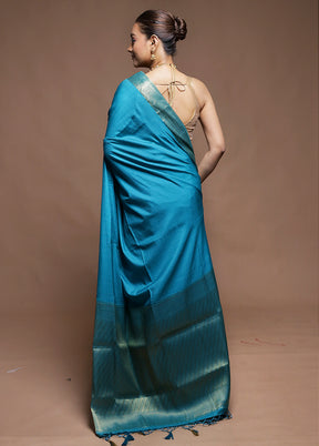 Blue Dupion Silk Saree With Blouse Piece