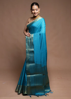Blue Dupion Silk Saree With Blouse Piece