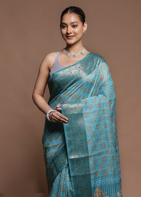 Blue Dupion Silk Saree With Blouse Piece