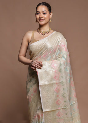 Cream Kora Silk Saree With Blouse Piece
