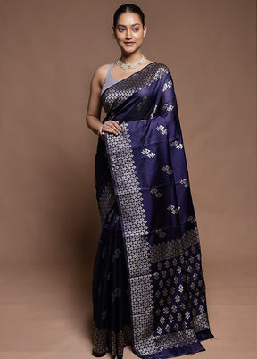 Blue Dupion Silk Saree With Blouse Piece