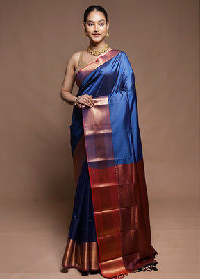 Blue Dupion Silk Saree With Blouse Piece