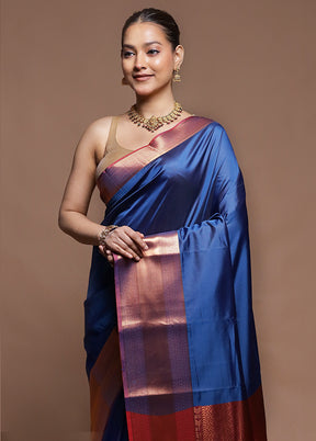 Blue Dupion Silk Saree With Blouse Piece