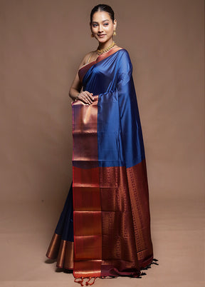 Blue Dupion Silk Saree With Blouse Piece