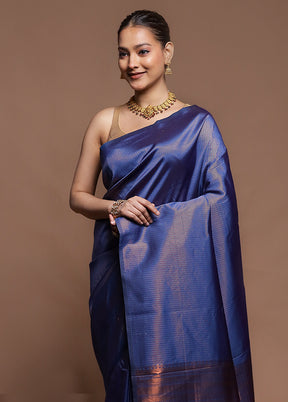 Blue Dupion Silk Saree With Blouse Piece