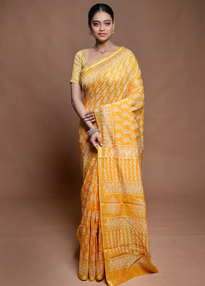 Yellow Chanderi Cotton Saree With Blouse Piece