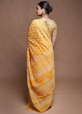 Yellow Chanderi Cotton Saree With Blouse Piece
