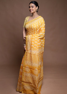 Yellow Chanderi Cotton Saree With Blouse Piece