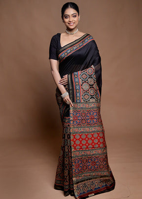 Black Chanderi Cotton Saree With Blouse Piece