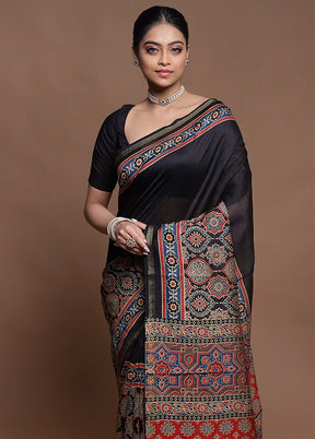 Black Chanderi Cotton Saree With Blouse Piece