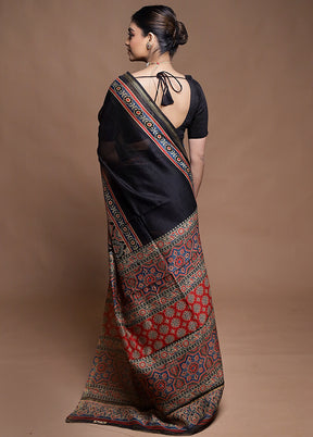 Black Chanderi Cotton Saree With Blouse Piece