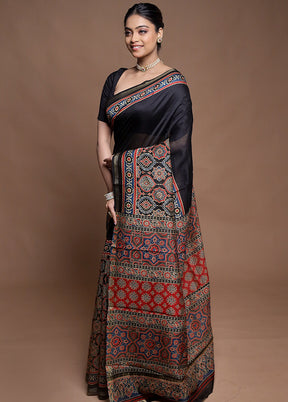Black Chanderi Cotton Saree With Blouse Piece