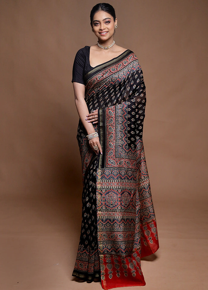 Black Chanderi Cotton Saree With Blouse Piece