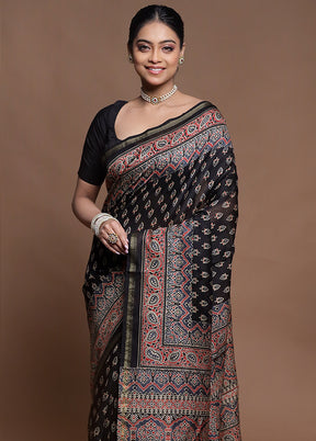 Black Chanderi Cotton Saree With Blouse Piece