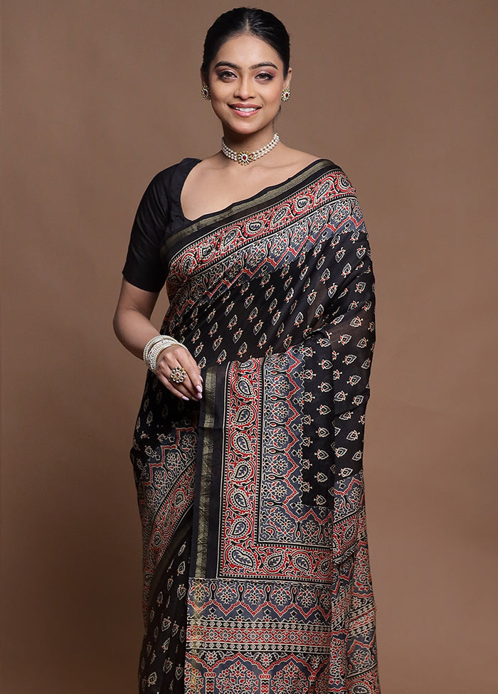 Black Chanderi Cotton Saree With Blouse Piece