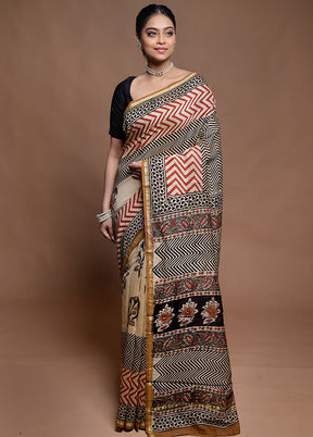 Cream Chanderi Cotton Saree With Blouse Piece