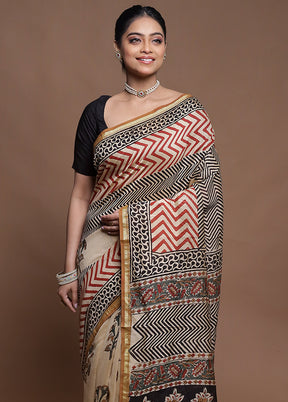 Cream Chanderi Cotton Saree With Blouse Piece