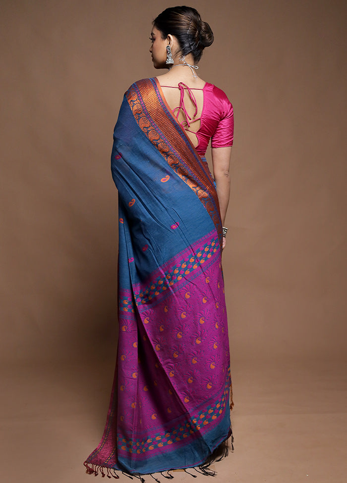 Blue Cotton Saree With Blouse Piece