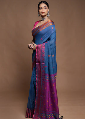 Blue Cotton Saree With Blouse Piece