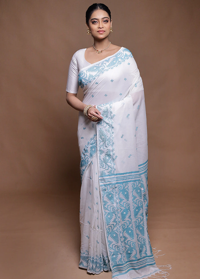 White Pure Cotton Saree With Blouse Piece
