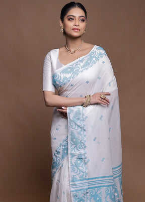 White Pure Cotton Saree With Blouse Piece