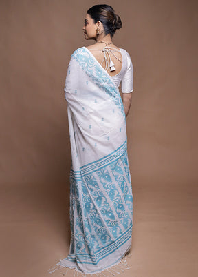 White Pure Cotton Saree With Blouse Piece