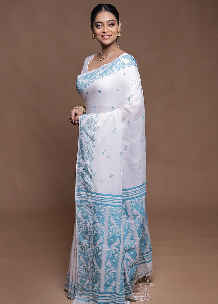 White Pure Cotton Saree With Blouse Piece